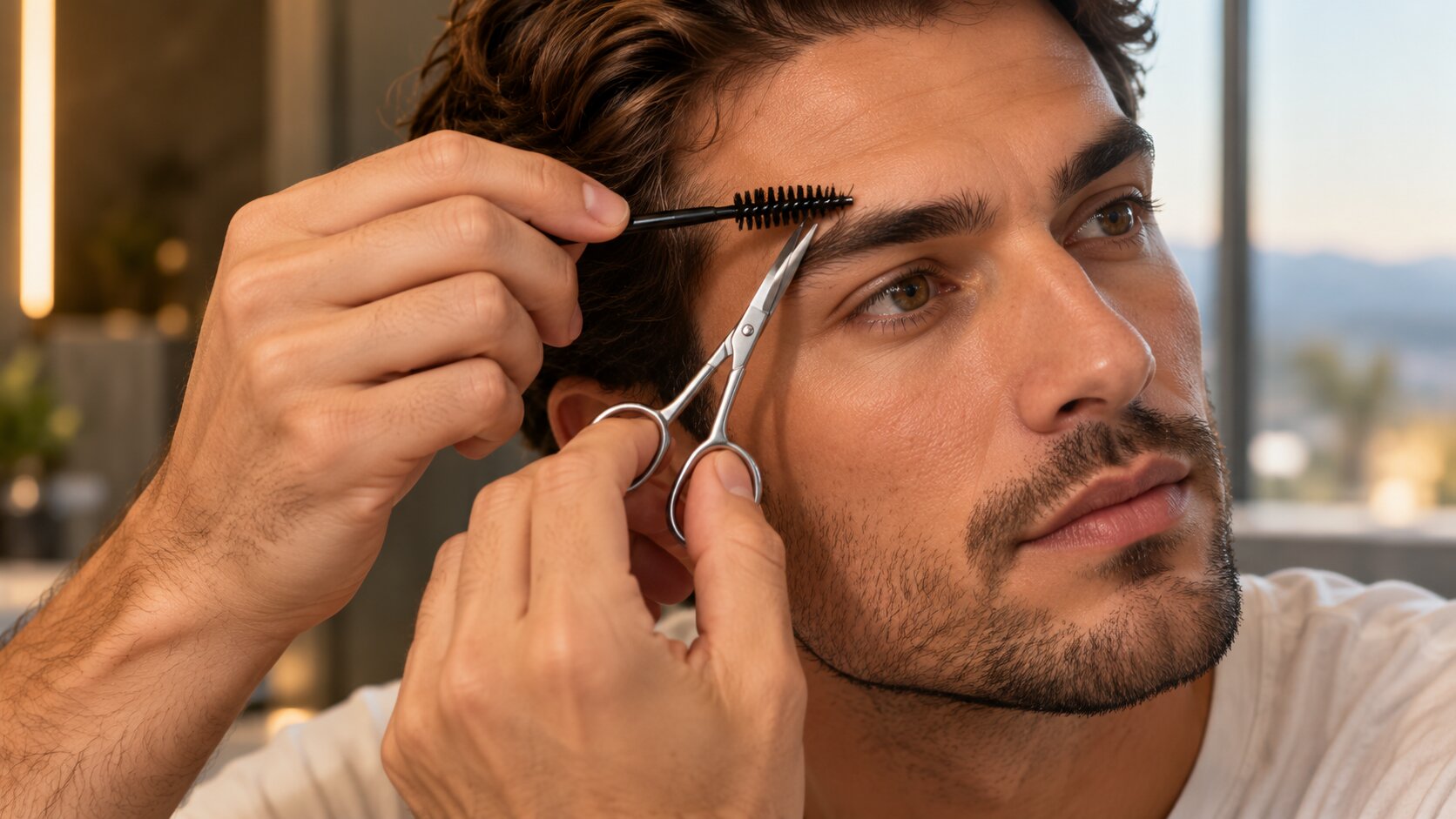 Groomed natural eyebrows on a man